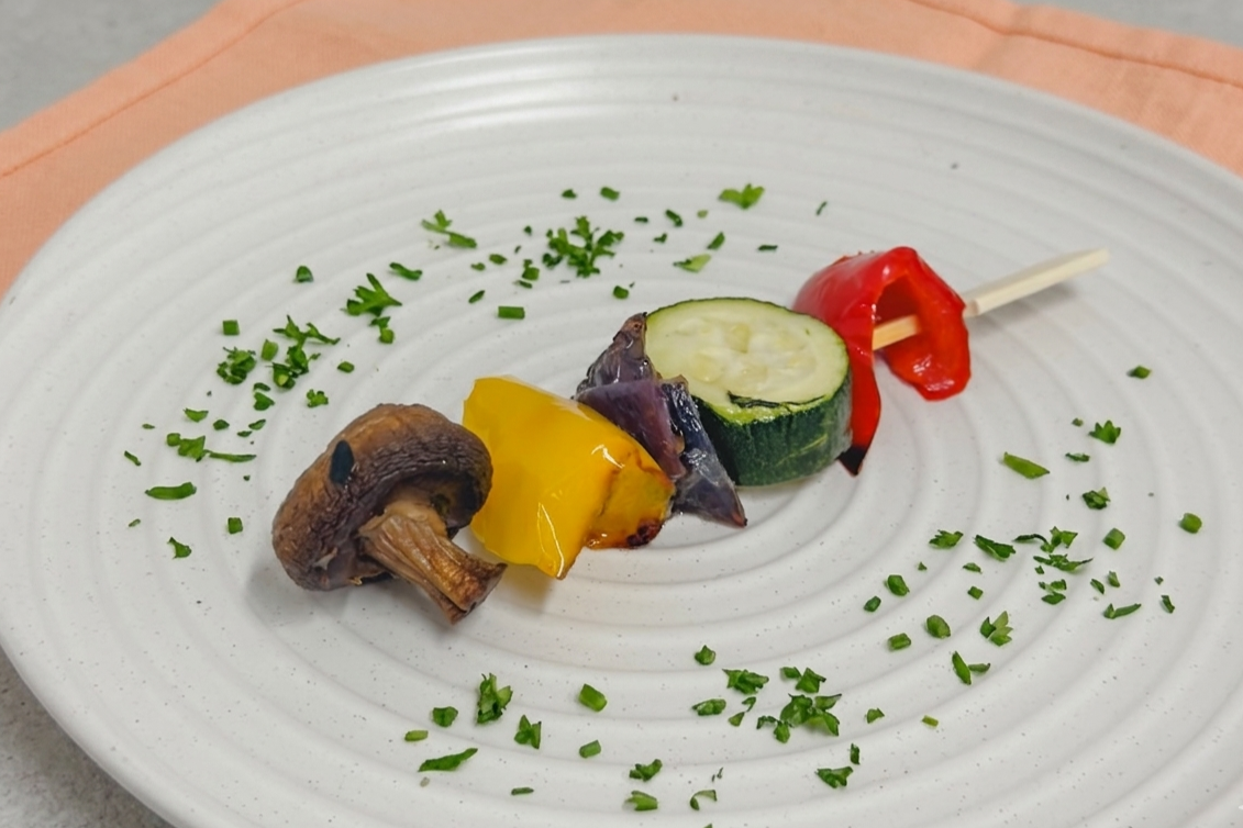 Grilled Mushroom, Courgette, Capsicum, and Red Onion Skewer
