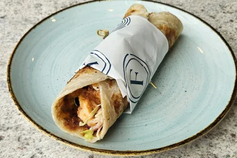 Peri Peri Chicken Roti with Mango Chutney, Slaw, and Lemon Mayo